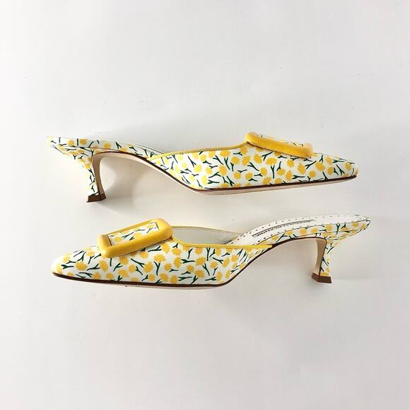 Manolo Blahnik Maysalebi Yellow Flower Print Slip On Kitten Heel Mules 37.5 - Picture 5 of 9